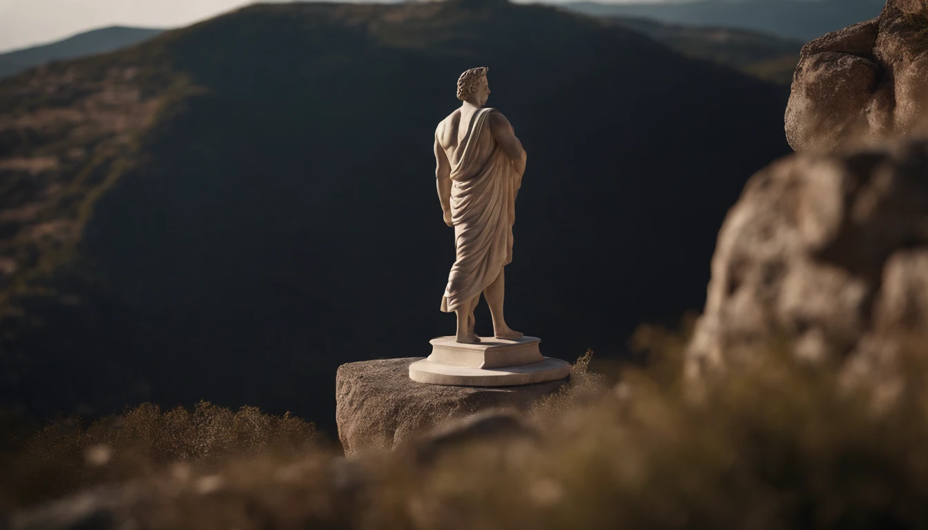Imagine a stoic Greek statue on your back, Standing, corpo inteiro, with well defined muscles, contemplating the horizon on a mountain on a sunny morning. imagem 4k ultra realista