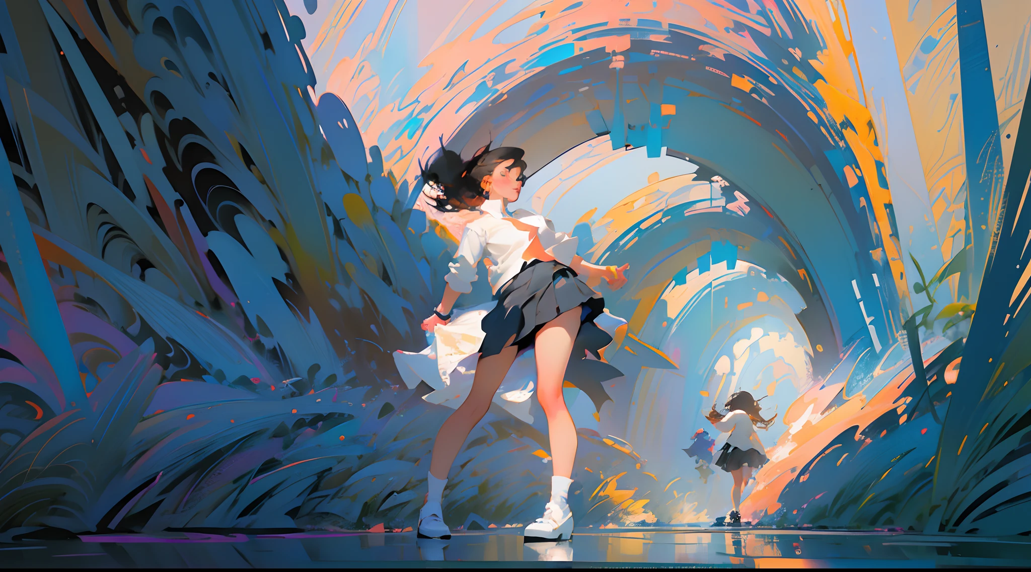 Women in miniskirts, surreal (bestquality, highres), vibrant colours, Dreamlike light, Lace details on the skirt, fluid movement, abstract background, Playful and mysterious atmosphere, Bright and bright brushes