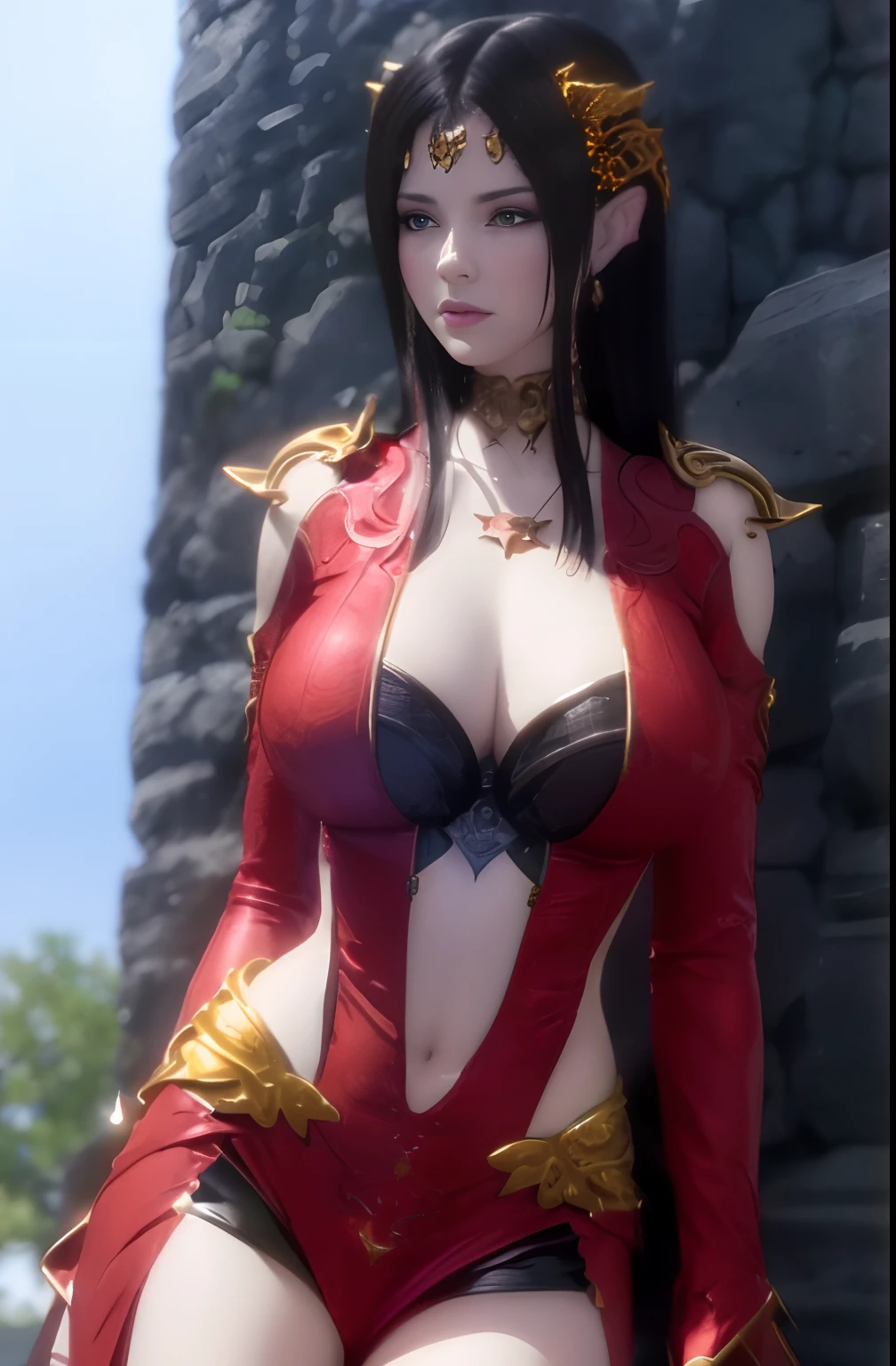 a close up of a woman in a red outfit posing for a picture, lady in red armor, 4 k detail fantasy, succubus in tight short dress, unreal engine render + a goddess, cinematic goddess body shot, hyperdetailed fantasy character, red armor, a beautiful fantasy empress, hot breast, a beautiful sorceress, artgerm ; 3d unreal engine