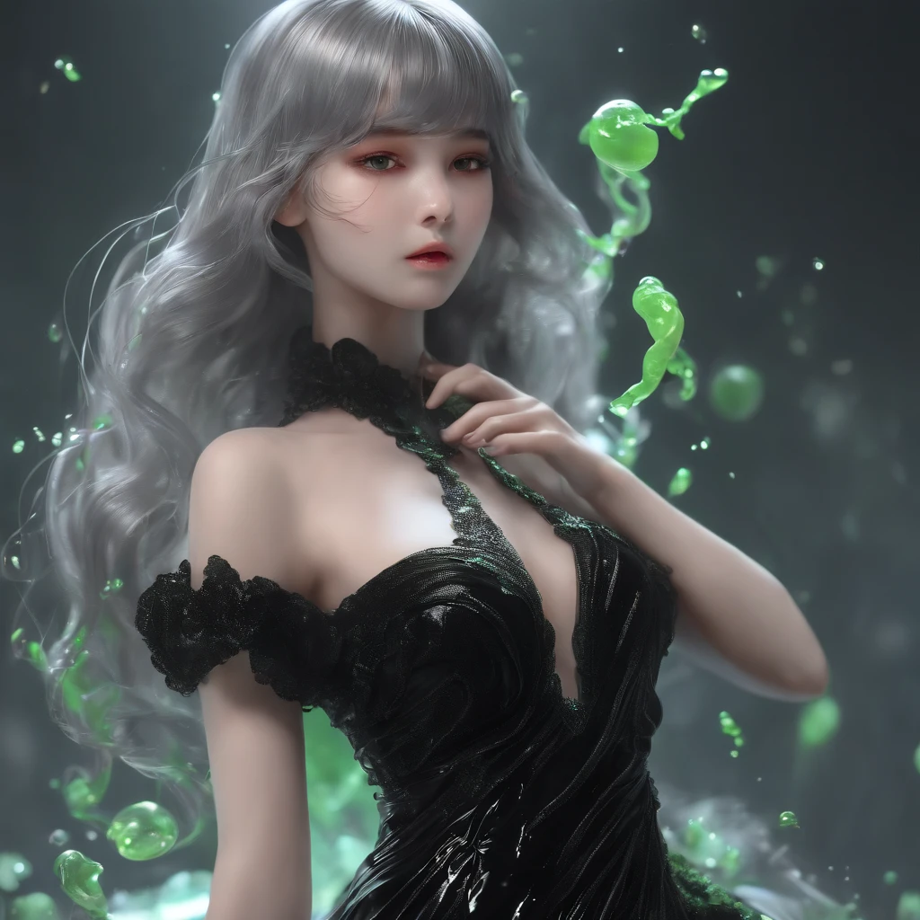 ,1girl,(slime girl), viscous light gray skin,high quality,(((slime black dress))),translucent body, transparent skin,