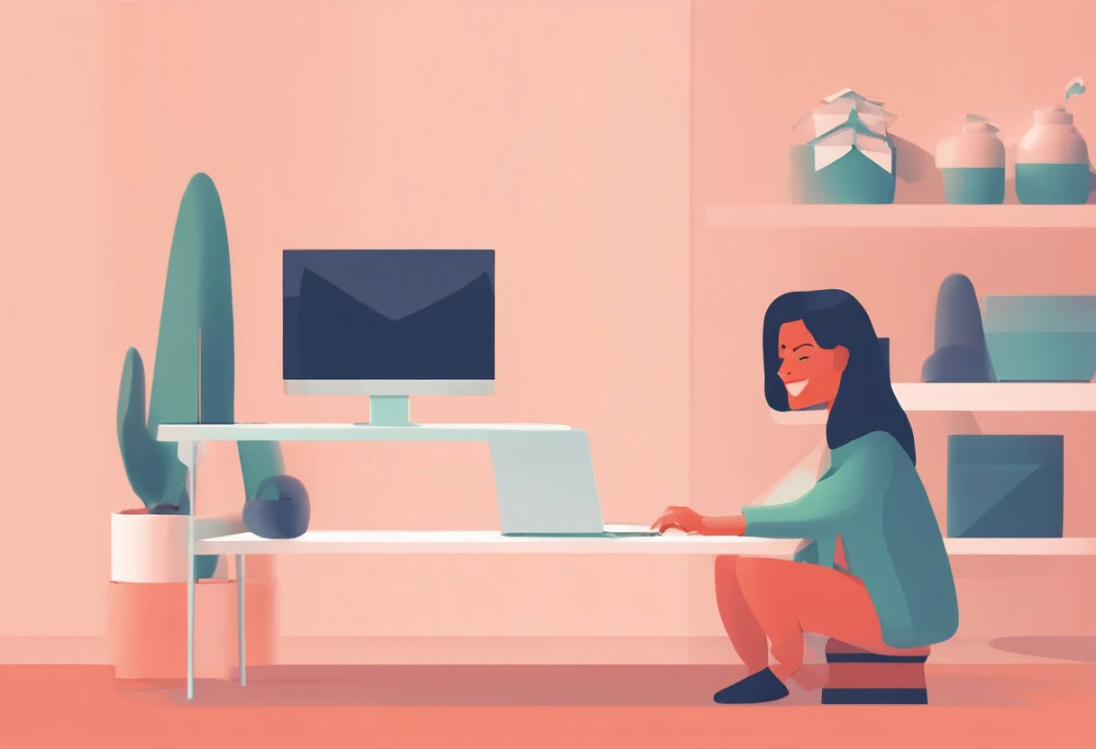 Illustration of a woman working on a computer,Walk through a room with various objects, Edit the pastel colors of the illustration, in style of james gilleard, Illustration style, james gilleard artwork, Flat illustration, in style of digital illustration, magazine illustration, editorialillustrations, 数字插图 -, #illustration, magazine illustration, inspired by James Gilleard, Modern illustration, illustration | rootkowski, Stylized digital illustration