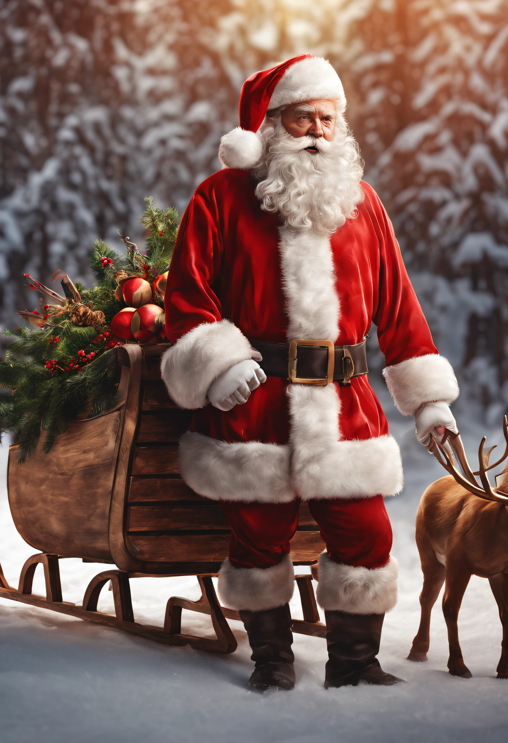 santa claus, sled, reindeer, Christmas clothes, hd, 8k, beauty, photorealistic