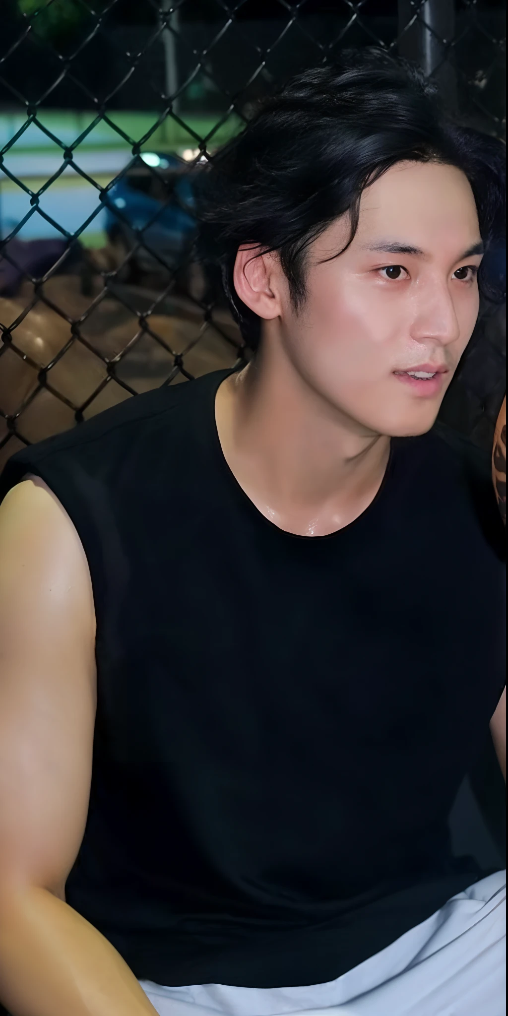 there is a man holding a basketball ball in his hand, wearing basketball jersey, wearing a muscle tee shirt, cai xukun, bulge, naked, copy his face, muscular, handsome, bulge, naked