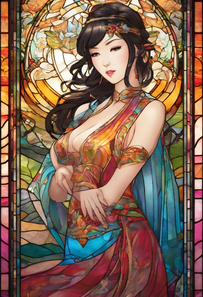 Asian Beautiful girl, Stained Glass, NAKED, best quality, masterpiece, ultra high resolution, (photorealistic:1.4), raw photo, shiny skin, BRIGHT BODY, dramatic lighting, full body, big breasts, exposed breasts, different positions , different poses, different variations