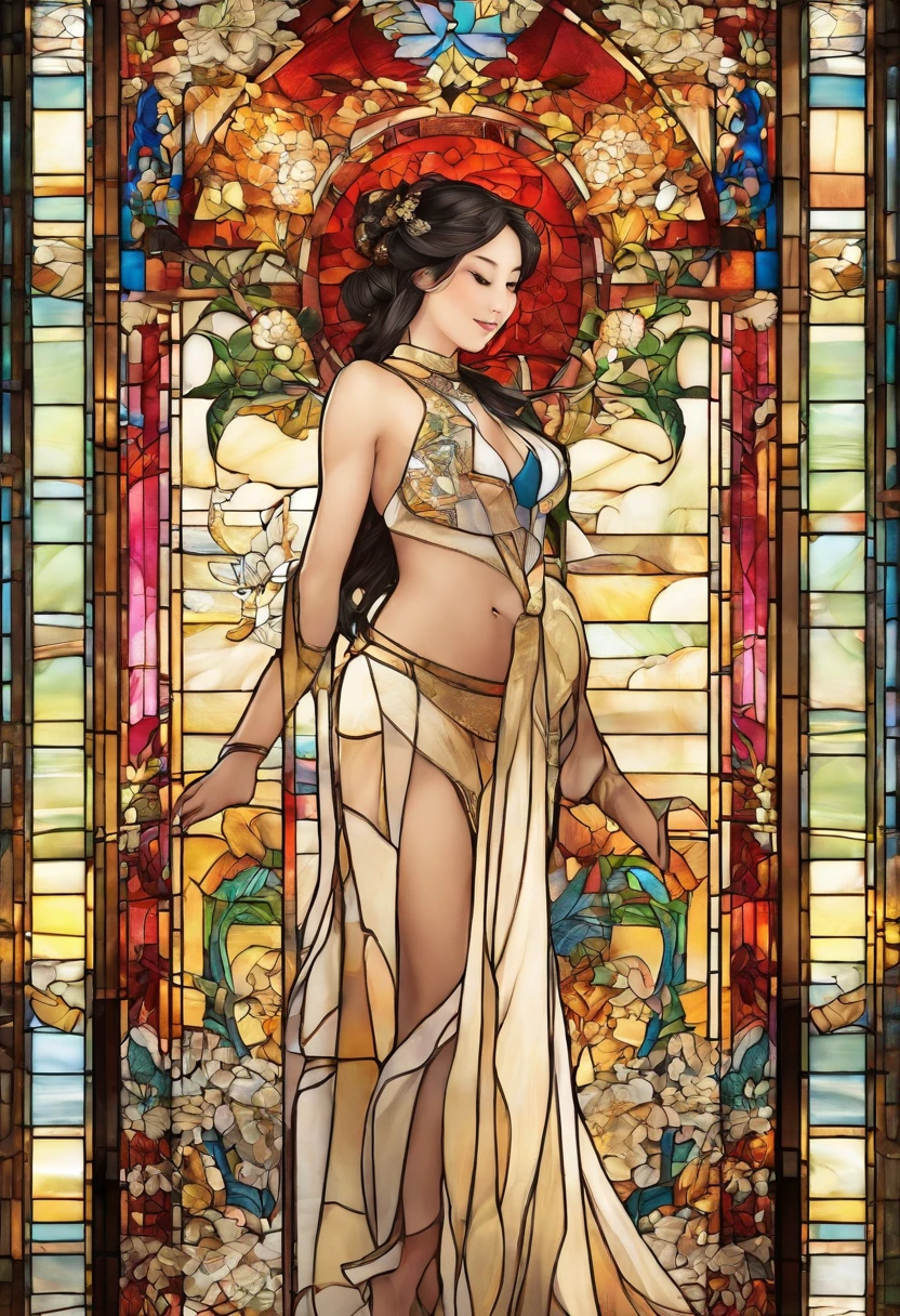 Asian Beautiful girl, Stained Glass, NAKED, best quality, masterpiece, ultra high resolution, (photorealistic:1.4), raw photo, shiny skin, BRIGHT BODY, dramatic lighting, full body, big breasts, exposed breasts, different positions , different poses, different variations