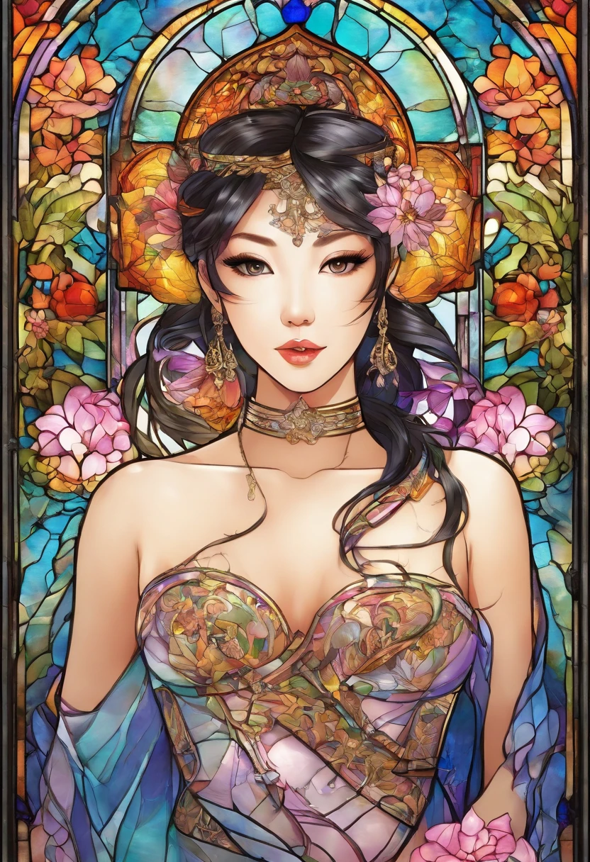 Asian Beautiful girl, Stained Glass, NAKED, best quality, masterpiece, ultra high resolution, (photorealistic:1.4), raw photo, shiny skin, BRIGHT BODY, dramatic lighting, full body, big breasts, exposed breasts, different positions , different poses, different variations