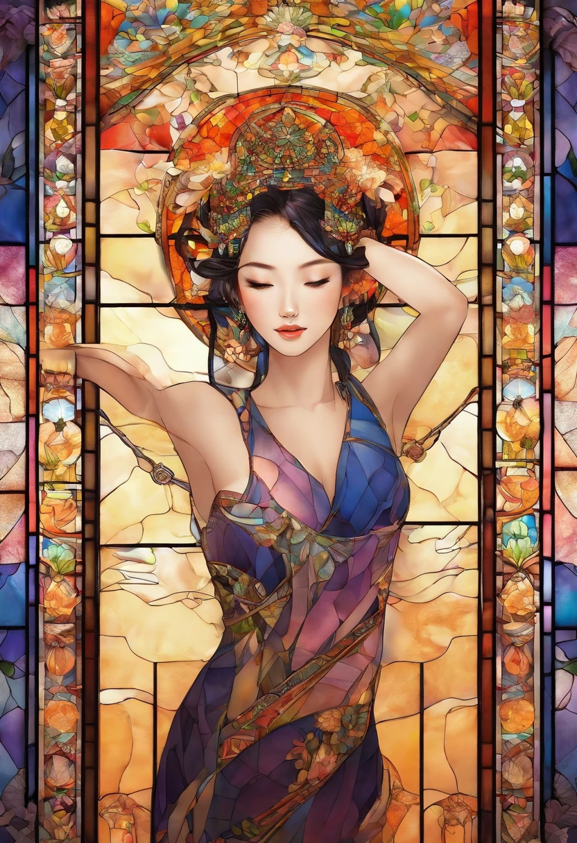Asian Beautiful girl, Stained Glass, NAKED, best quality, masterpiece, ultra high resolution, (photorealistic:1.4), raw photo, shiny skin, BRIGHT BODY, dramatic lighting, full body, big breasts, exposed breasts, different positions , different poses, different variations
