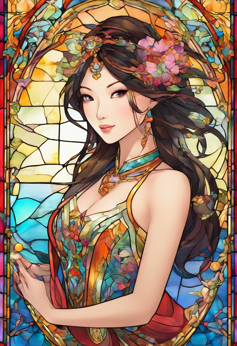 Asian Beautiful girl, Stained Glass, NAKED, best quality, masterpiece, ultra high resolution, (photorealistic:1.4), raw photo, shiny skin, BRIGHT BODY, dramatic lighting, full body, big breasts, exposed breasts, different positions , different poses, different variations