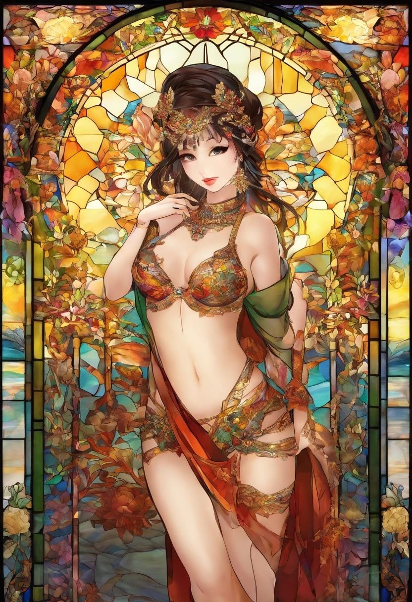 Asian Beautiful girl, Stained Glass, , best quality, masterpiece, ultra high resolution, (photorealistic:1.4), raw photo, shiny skin, BRIGHT BODY, dramatic lighting, full body, big bosed breasts, differetions , different poses, different variations