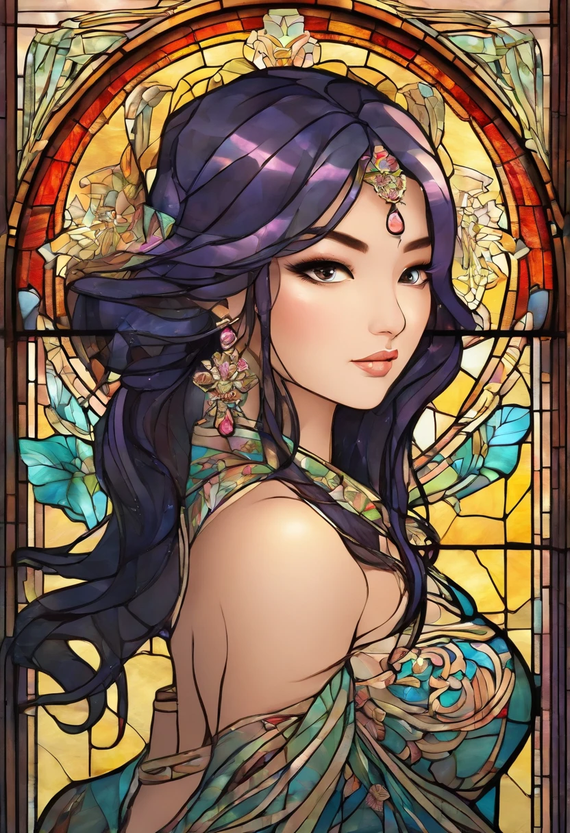 Asian Beautiful girl, Stained Glass, NAKED, best quality, masterpiece, ultra high resolution, (photorealistic:1.4), raw photo, shiny skin, BRIGHT BODY, dramatic lighting, full body, big breasts, exposed breasts, different positions , different poses, different variations