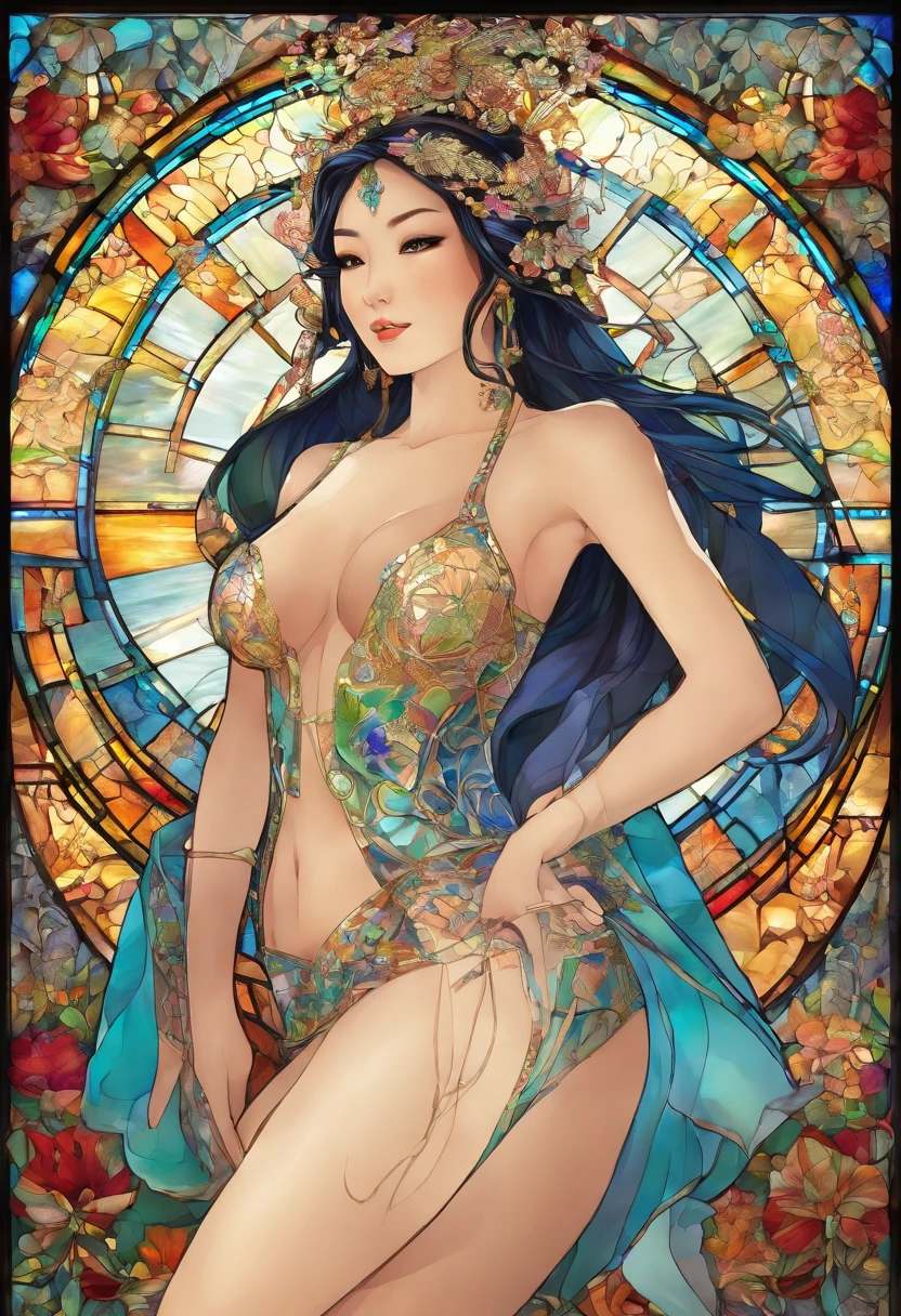 Asian Beautiful girl, Stained Glass, NAKED, best quality, masterpiece, ultra high resolution, (photorealistic:1.4), raw photo, shiny skin, BRIGHT BODY, dramatic lighting, full body, big breasts, exposed breasts, different positions , different poses, different variations