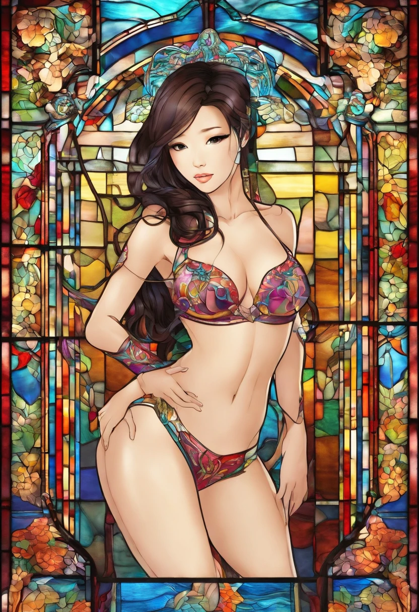 Asian Beautiful girl, Stained Glass, NAKED, best quality, masterpiece, ultra high resolution, (photorealistic:1.4), raw photo, shiny skin, BRIGHT BODY, dramatic lighting, full body, big breasts, exposed breasts, different positions , different poses, different variations