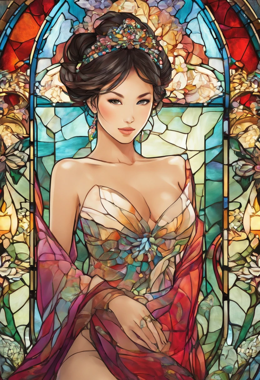 Asian Beautiful girl, Stained Glass, NAKED, best quality, masterpiece, ultra high resolution, (photorealistic:1.4), raw photo, shiny skin, BRIGHT BODY, dramatic lighting, full body, big breasts, exposed breasts, different positions , different poses, different variations