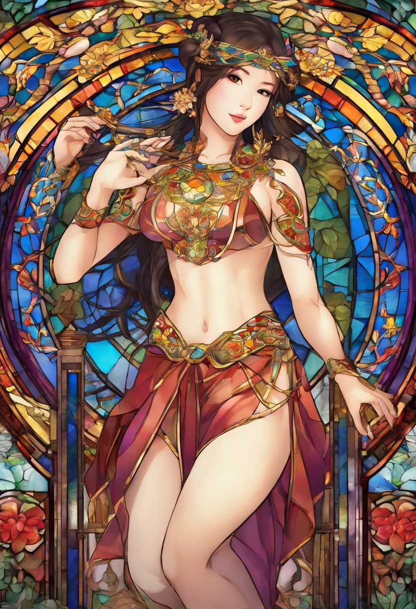 Asian Beautiful girl, Stained Glass, NAKED, best quality, masterpiece, ultra high resolution, (photorealistic:1.4), raw photo, shiny skin, BRIGHT BODY, dramatic lighting, full body, big breasts, exposed breasts, different positions , different poses, different variations