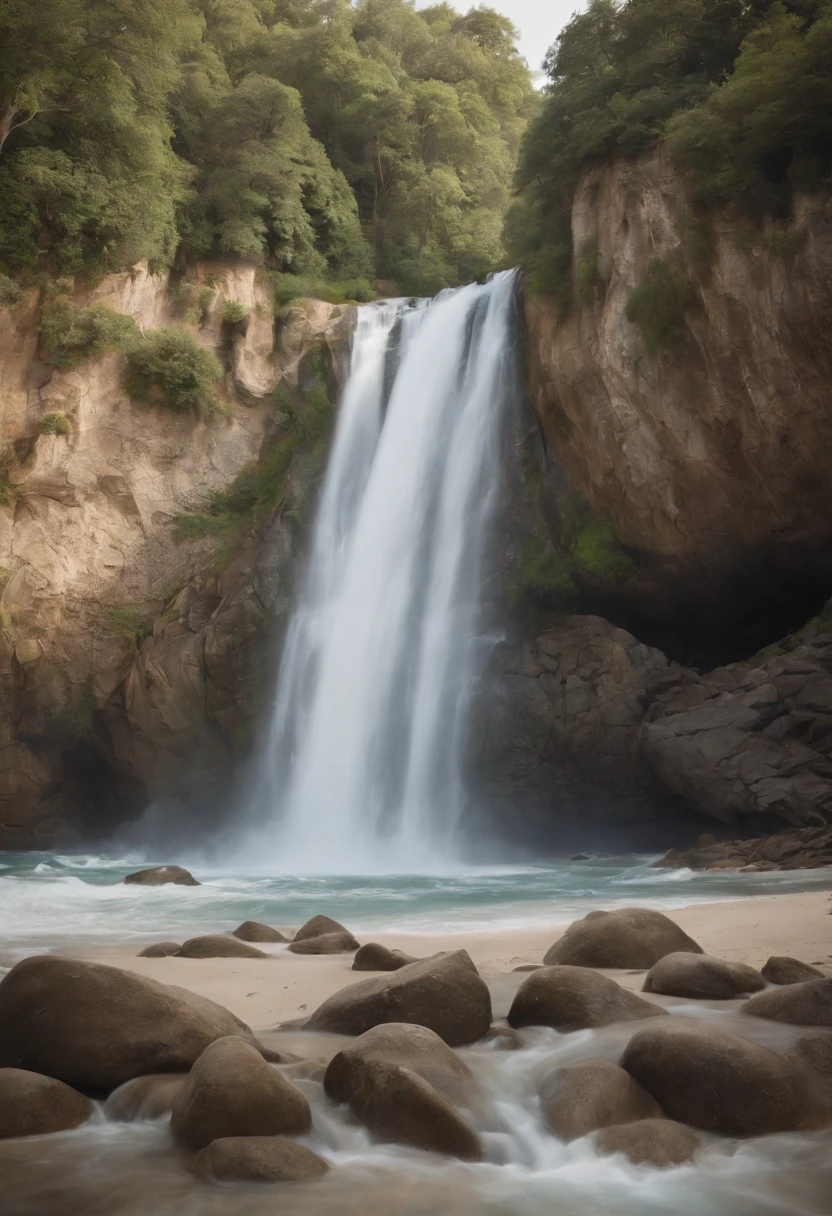 Paradisiacal beach with a river, a steep rock with a waterfall and a 16th century English galleon