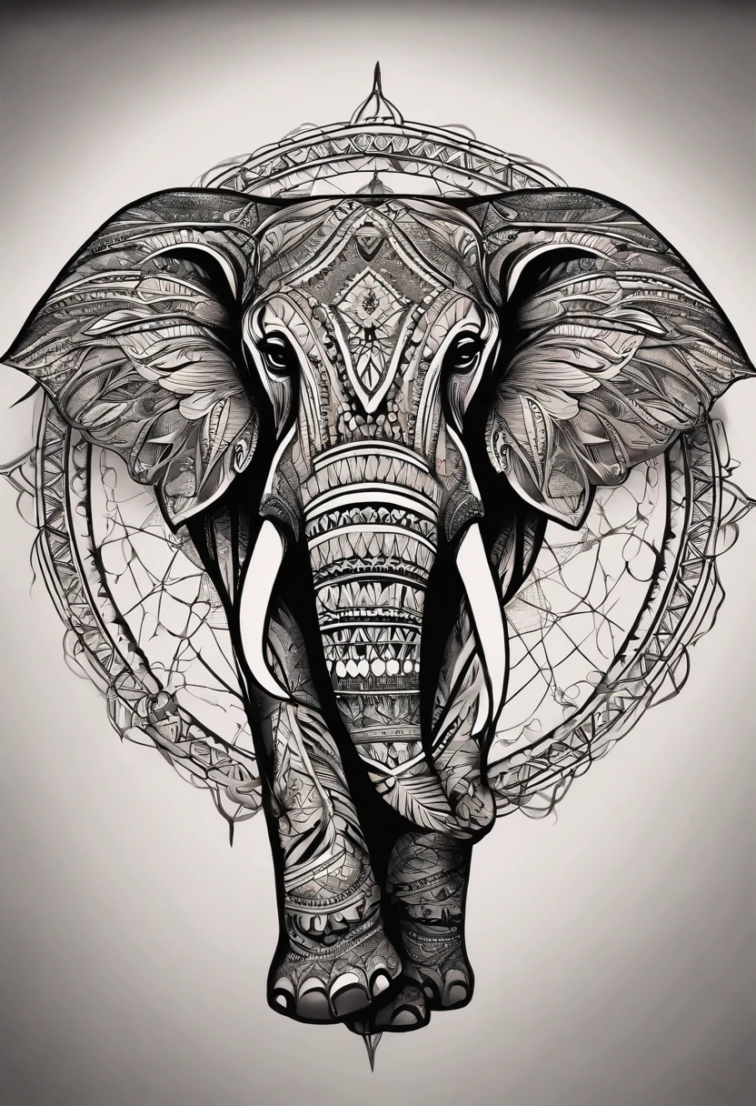Medium size femail chest tattoo of an elephant in a dream catcher, in mandala style tattoo feminine, beautiful with delicate details, as a stencil not on a person.