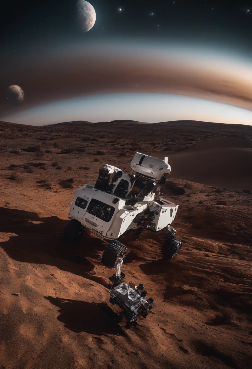 Sur la lune，Films 4K，Rover blanc au loin，et vaisseaux spatiaux blancs，ultra grand angle，Cloud of stars，galactique，Epic Vehicle Foreground