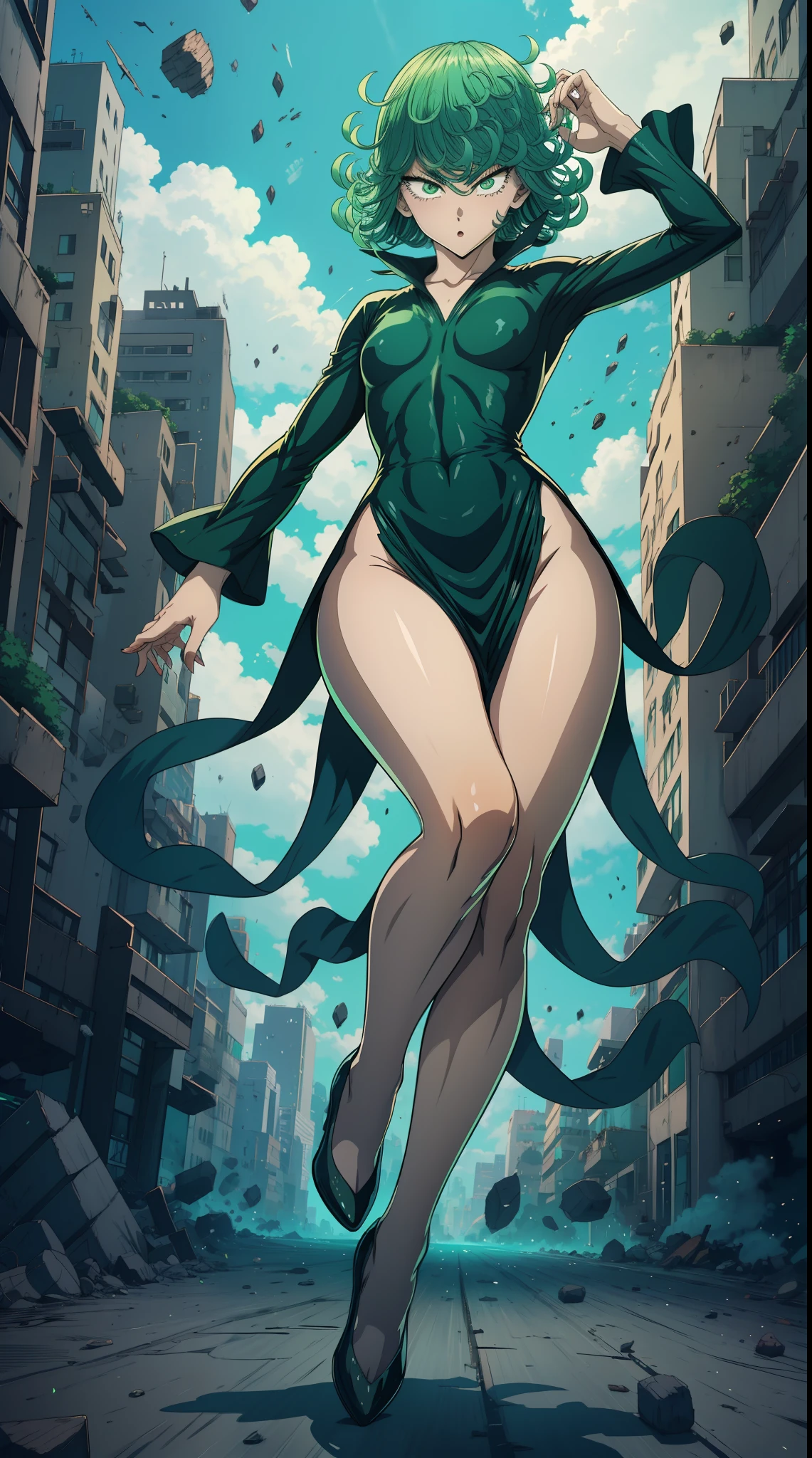 Tatsumaki from one punch man, short green hair, green eyes, Small chest, wearing fitting V-neck black dress, heels, full body view, joyful expression, standing in a destroyed city, dynamic pose, dynamic view,