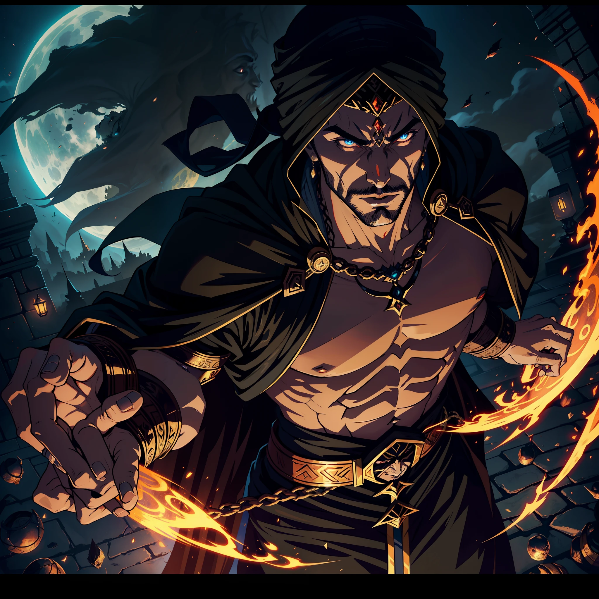 Castlevania Lord of Shadows Handsome Arab Man with Arabic Moroccan Turban Turban Legendary Face Ferochyper Realistic Super Detailed Moroccan Handsome Arabian Lord Muscular Dracula Leading the Djinn Troops Army into battle Aggressive War Giant Demons Very Scary Legendary Appearing of Infernal Moon Battle Atmosphere Hyper Realistic Super Detailed Dynamic Shot Master Cutscenes Legendary Scenes Epic Movie Legendary Army