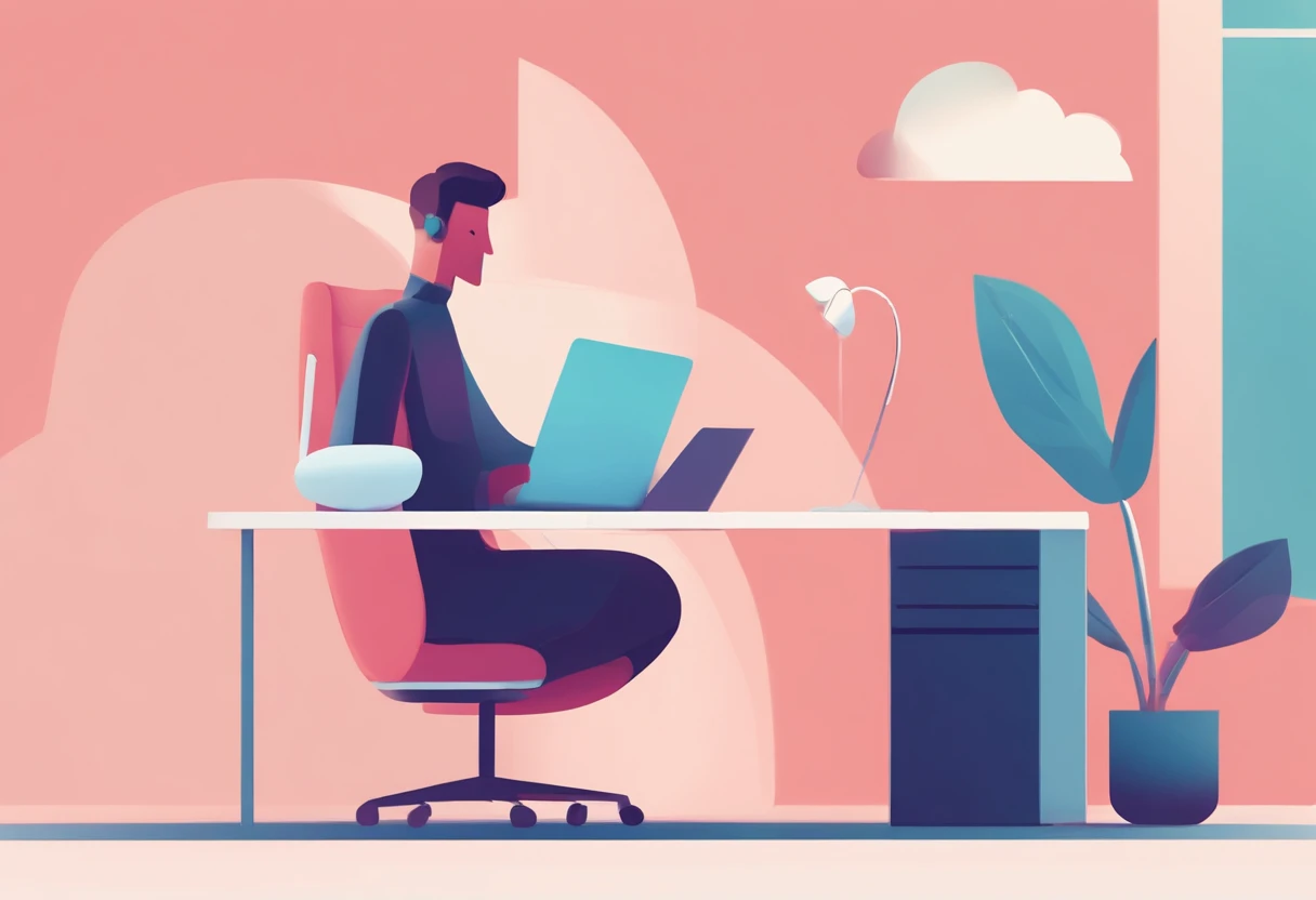 Illustration of a man working on a computer, Edit the pastel color of the illustration, in style of james gilleard, Illustration style, james gilleard artwork, Flat illustration, in style of digital illustration, magazine illustration, editorialillustrations, 数字插图 -, #illustration, magazine illustration, inspired by James Gilleard, Modern illustration, illustration | rootkowski, Stylized digital illustration