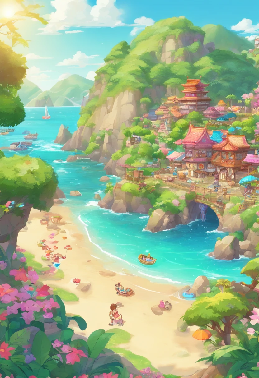 Paradisiacal beach with a river, a steep rock with a waterfall and a 16th century English galleon