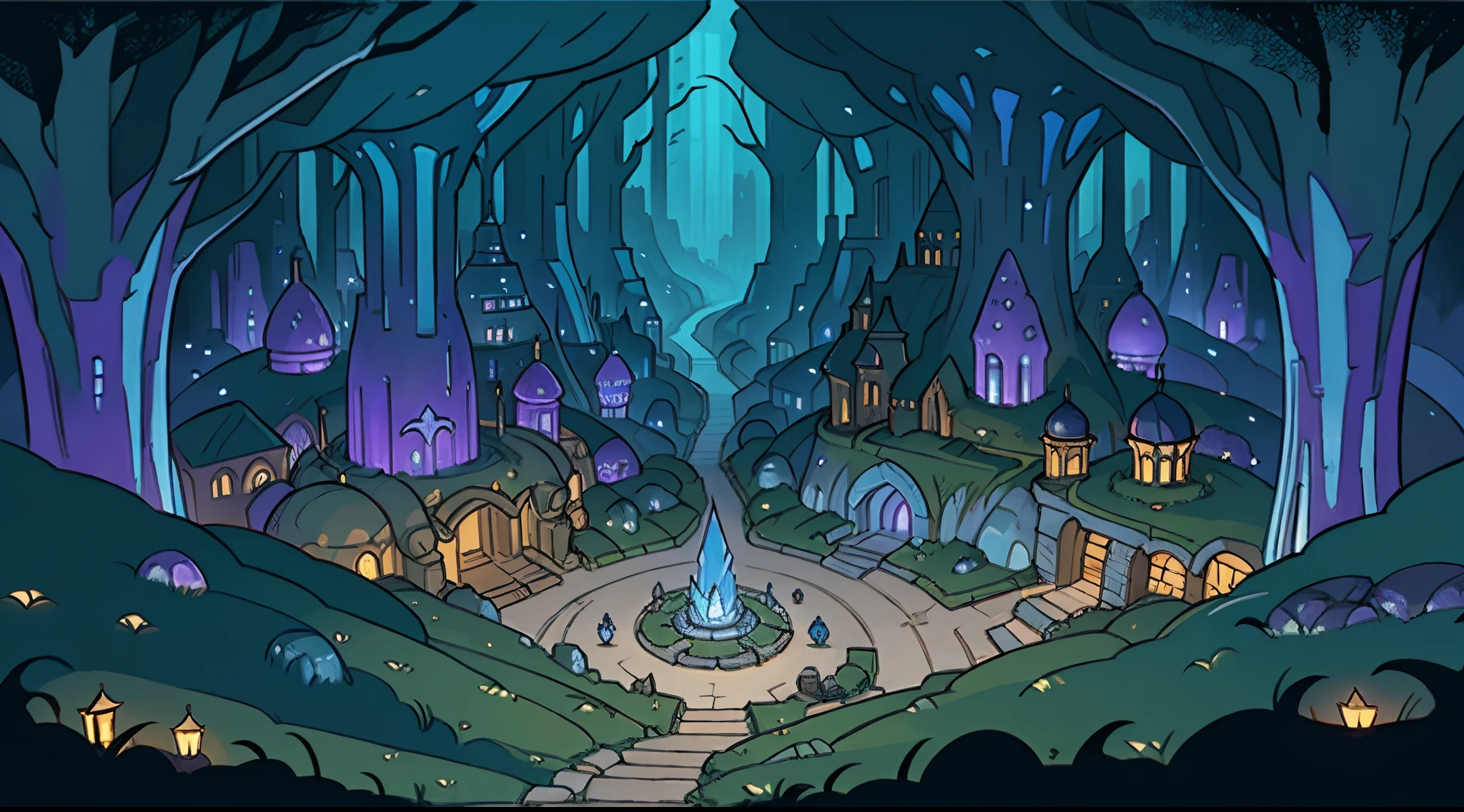 masterpiece, undercave city, city underground, highly detailed ,drow city, underground city, natural dungeon, shiny plants, escavation, far away view, city map, bird's-eye view, subterranean, underdark, Underdark D&D, Angband, Erebor,