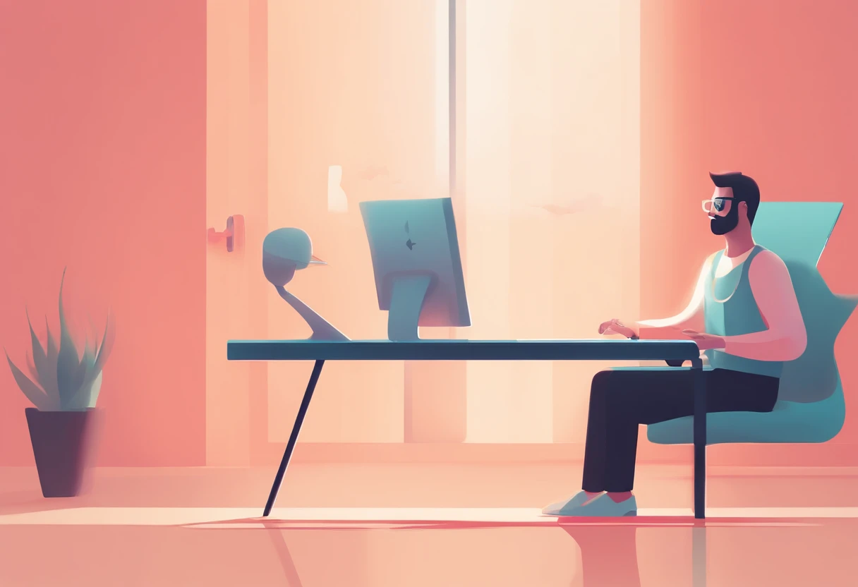 Illustration of a man working on a computer, Edit the pastel color of the illustration, in style of james gilleard, Illustration style, james gilleard artwork, Flat illustration, in style of digital illustration, magazine illustration, editorialillustrations, 数字插图 -, #illustration, magazine illustration, inspired by James Gilleard, Modern illustration, illustration | rootkowski, Stylized digital illustration