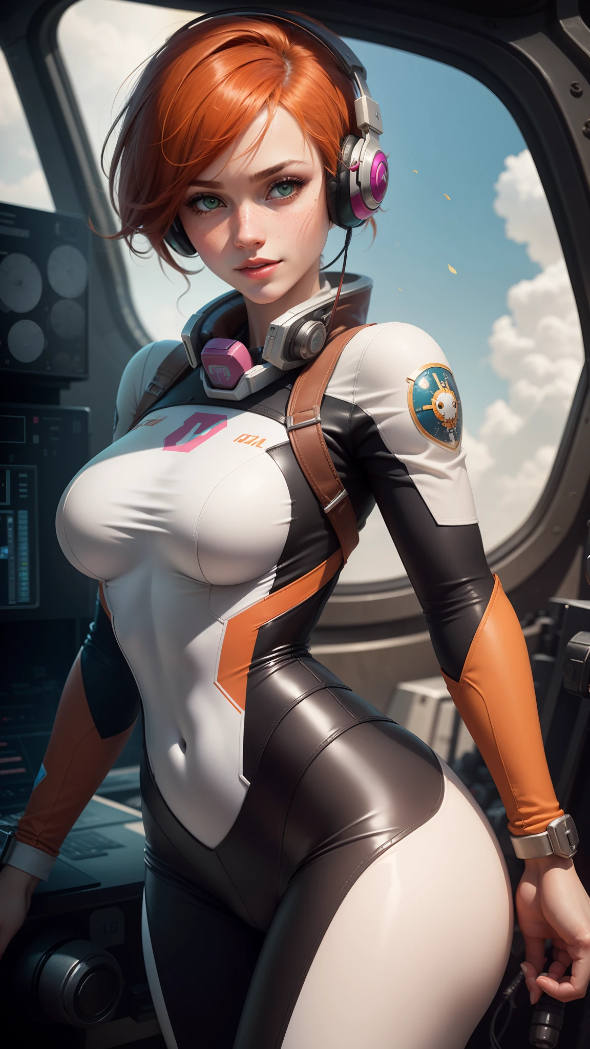 gwen tennyson,1girl,tracer,d.va,rebecca chambers,overwatch,gundam,close up,mecha pilot,space port,white and red plugsuit,hair pin,pirate corset,white long sleeve lycra top,orange leggings,short hair,cute makeup,green eyes,orange hair with highlights,shy smile,freckles, redhead,beautiful girl,large breasts,ultra detailed,realistic,fantasy art,gaming headset,pilot jacket,gundam mobile suit,