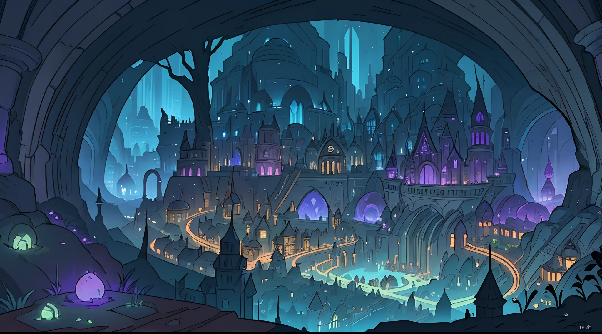 masterpiece, undercave city, city underground, highly detailed ,drow city, underground city, natural dungeon, shiny plants, escavation, far away view, city map, bird's-eye view, subterranean, underdark, Underdark D&D, Angband, Erebor,