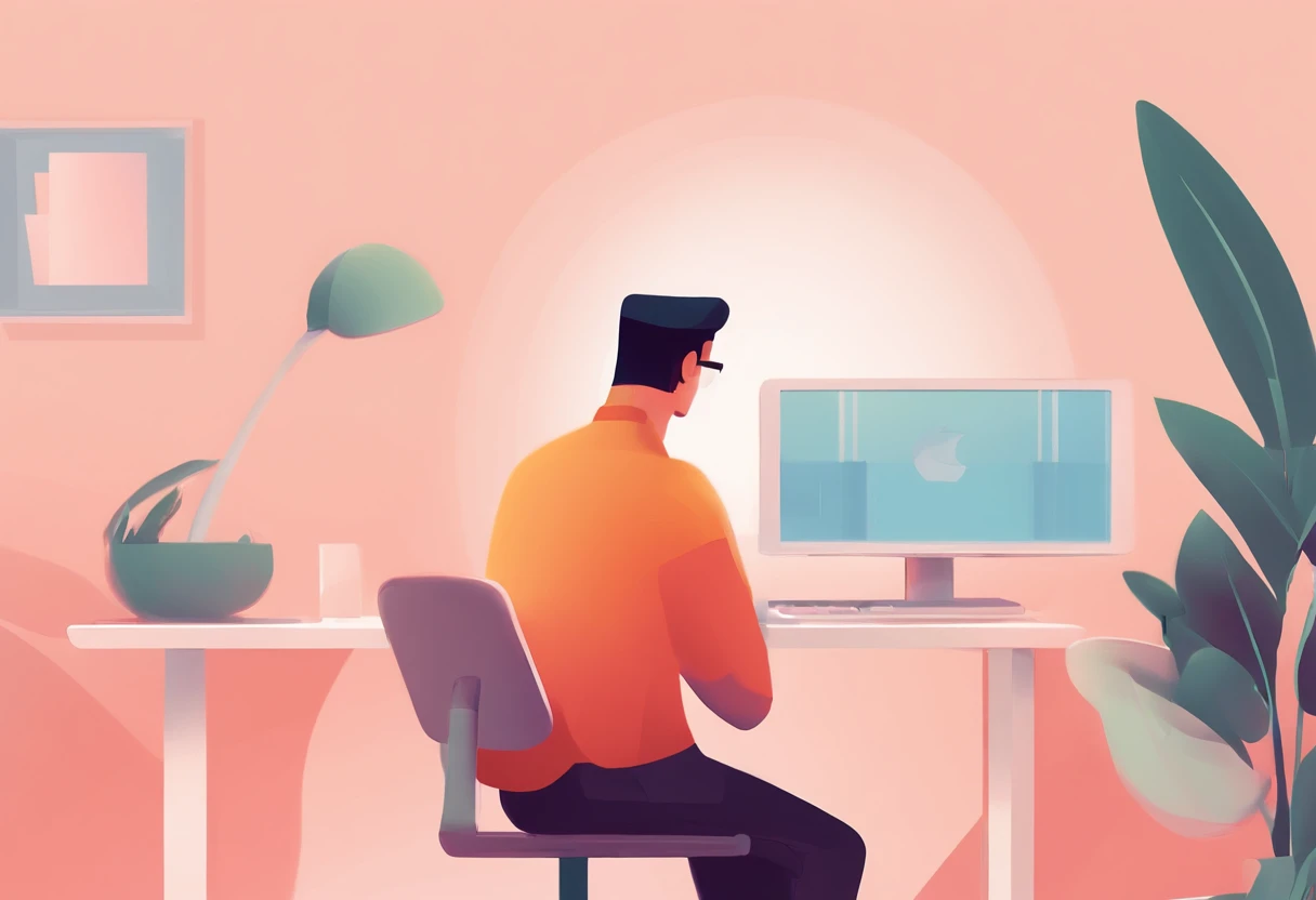 Illustration of a man working on a computer, Edit the pastel color of the illustration, in style of james gilleard, Illustration style, james gilleard artwork, Flat illustration, in style of digital illustration, magazine illustration, editorialillustrations, 数字插图 -, #illustration, magazine illustration, inspired by James Gilleard, Modern illustration, illustration | rootkowski, Stylized digital illustration