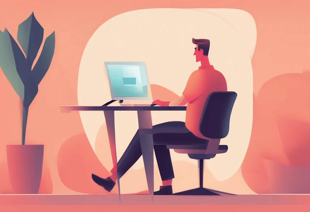 Illustration of a man working on a computer, Edit the pastel color of the illustration, in style of james gilleard, Illustration style, james gilleard artwork, Flat illustration, in style of digital illustration, magazine illustration, editorialillustrations, 数字插图 -, #illustration, magazine illustration, inspired by James Gilleard, Modern illustration, illustration | rootkowski, Stylized digital illustration