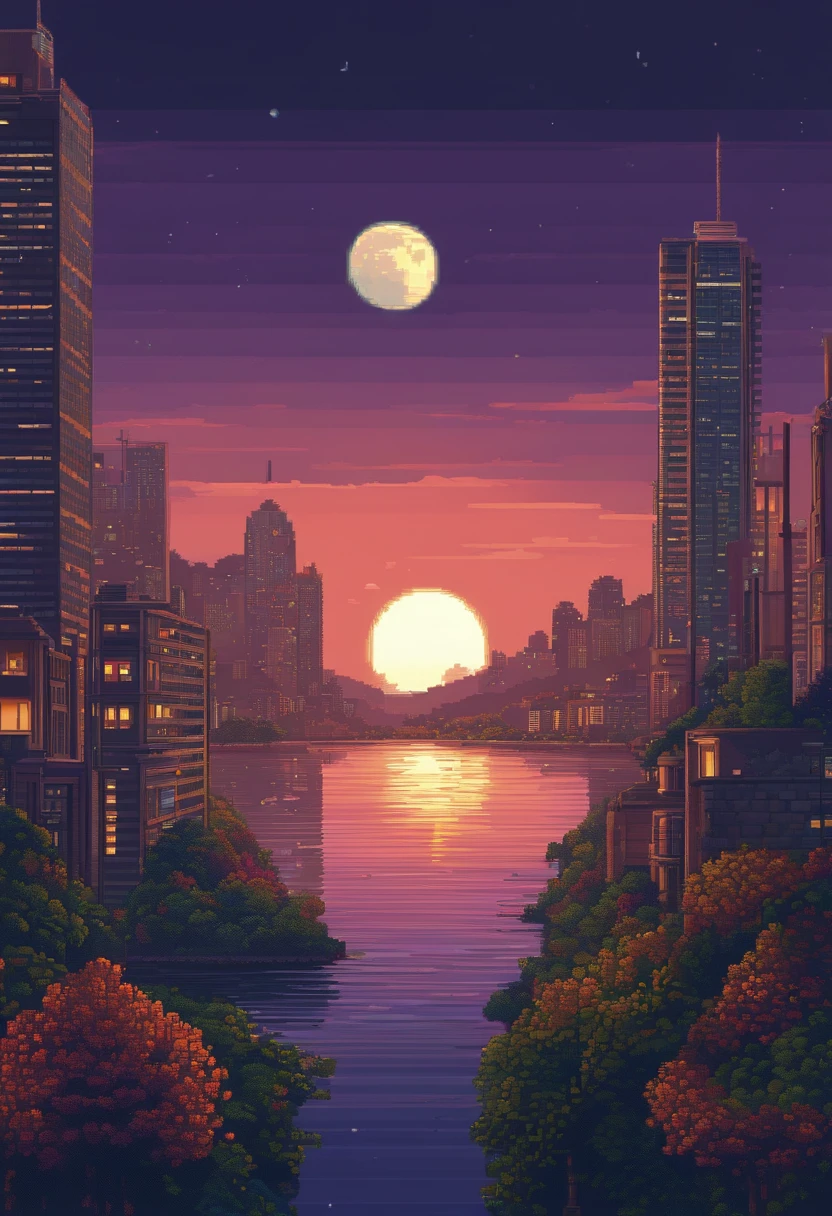 Pixel art of a huge moon rising over a city, Beautiful detailed pixel art, Detailed Pixel Art, Retro Lo-Fi video game, Concept PixelArt, Detailed Pixel Artwork, Style pixel art, Ville de Pixel, Animation pixel art, High quality pixel art, Les dauphins sautent de la surface de la mer, Art Lowpoly color super detailed, #Pixelart:3, # Pixelart, #Pixelart