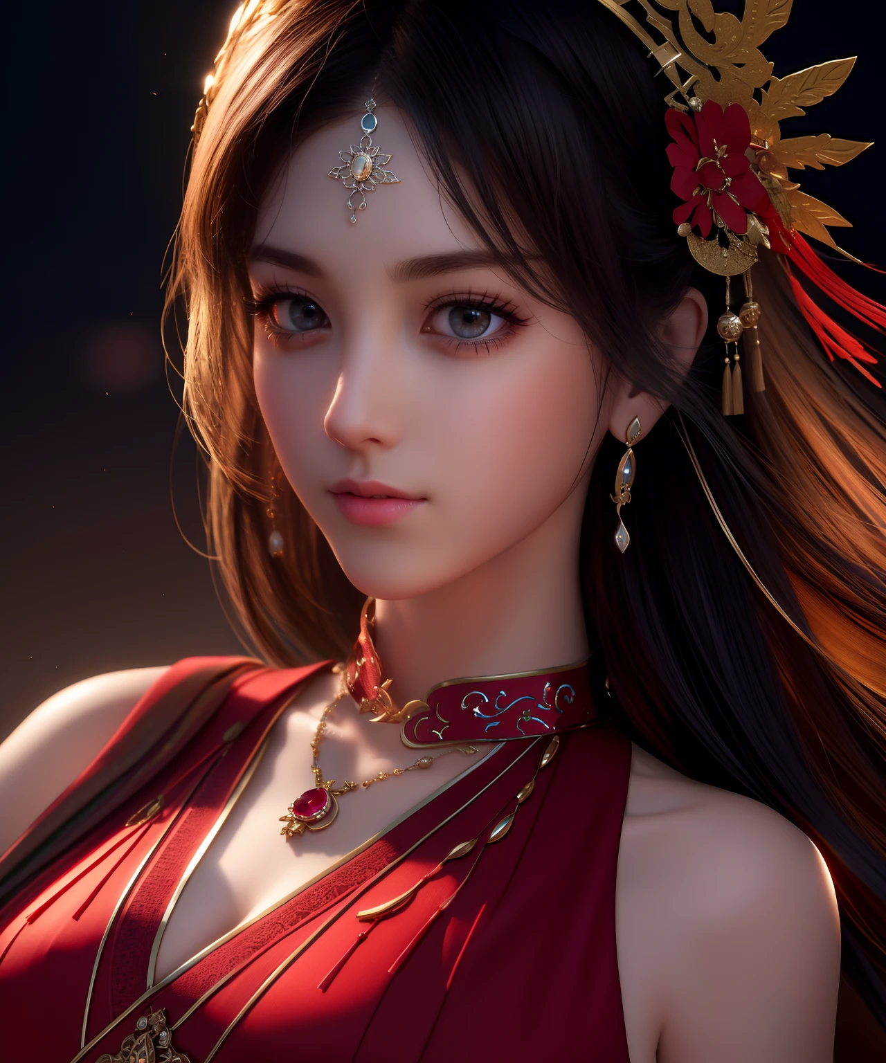 Top Quality, Masterpiece, High Resolution, Single Person, Chinese Dress, Headdress, Necklace, Jewelry, Beautiful Face, Onbody, Tindall Effect, Realistic, Dark Studio, Rim Lighting, Two-Tone Lighting, (High Detail Skin: 1.2), 8K UHD, DSLR, Soft Light, High Quality, Volumetric Light, Candide, Photo, High Resolution, 4K, 8K, Bokeh,