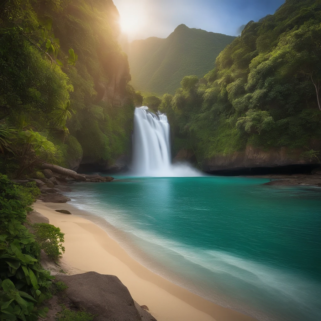 Paradisiacal beach with a river, a steep rock with a waterfall