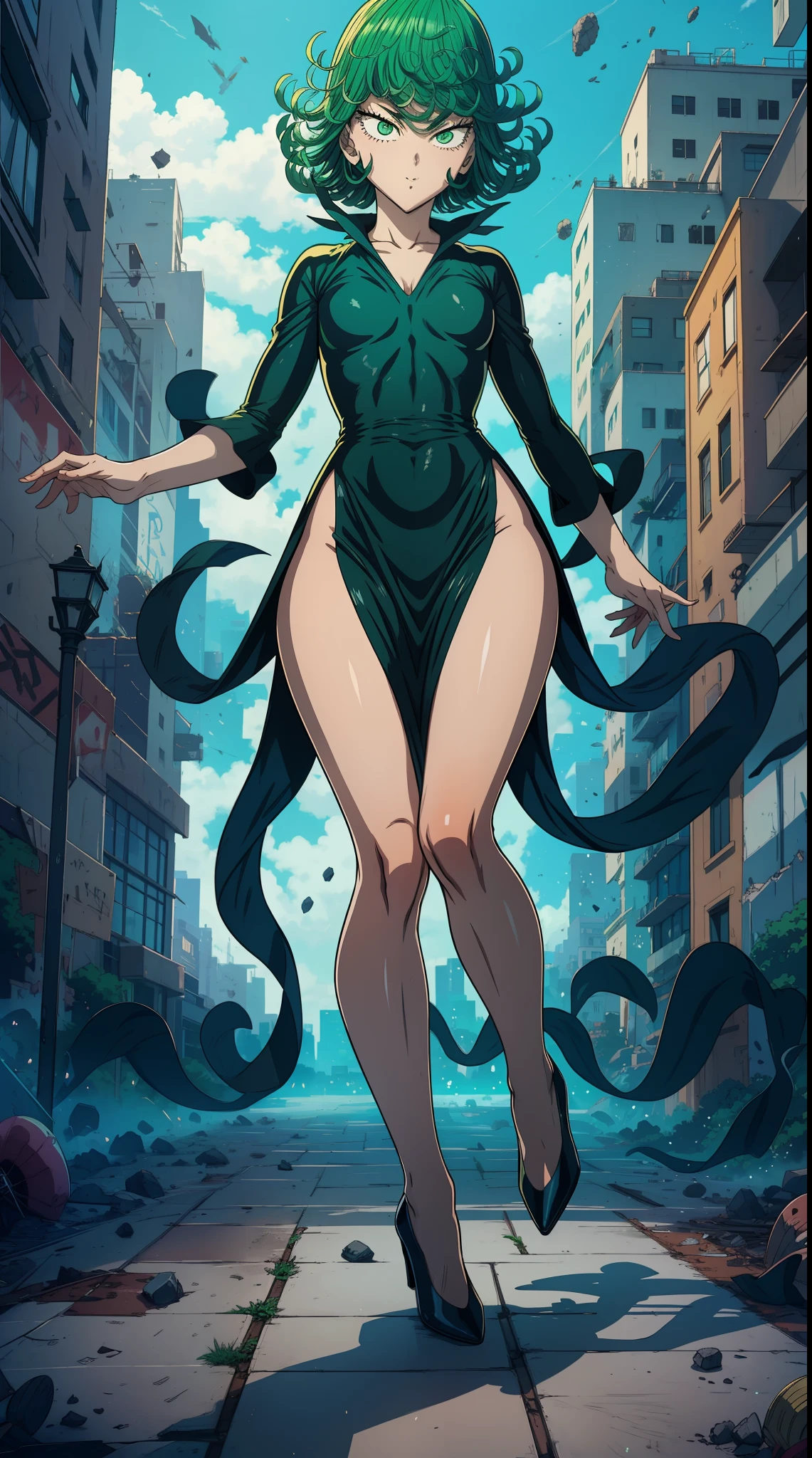 Tatsumaki from one punch man, short green hair, green eyes, Small chest, wearing fitting V-neck black dress, heels, full body view, smiling, standing in a destroyed city, dynamic pose, dynamic view,