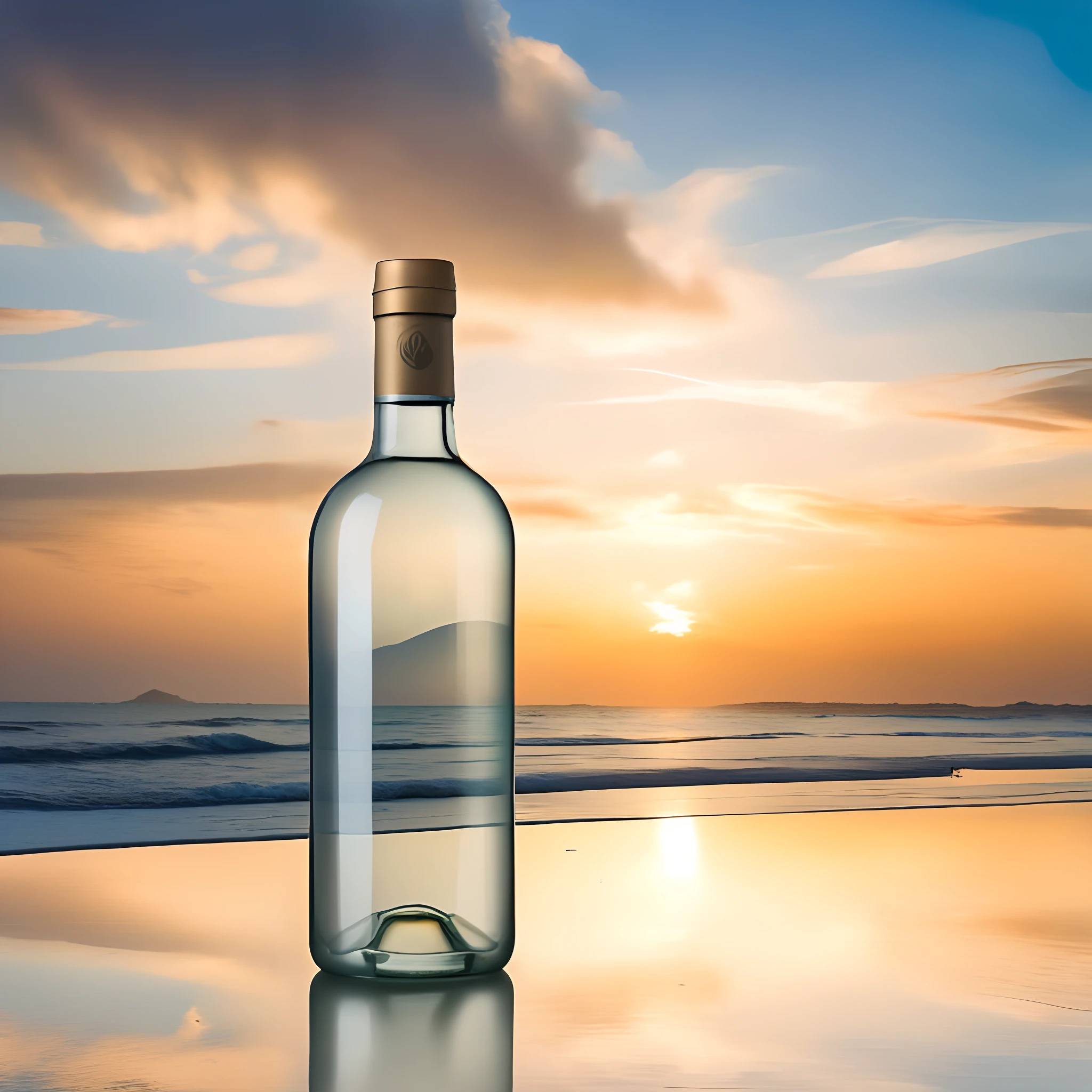 There's a bottle of wine sitting on a beach at sunset, garrafa de vinho branco, garrafa, wine bottle, garrafa de vidro, reflexos de vidro no topo, on the beach during sunset, on the beach at sunset, O melhor no Adobe Stock, bottle of wine, foto altamente detalhada do produto, foto aprimorada, at the beach on a sunset, garrafa de vodka, Lightning in a bottle