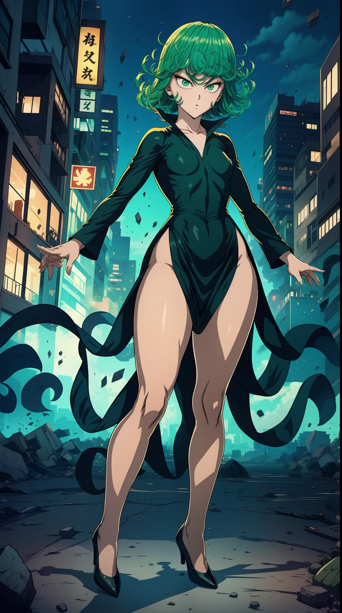 Tatsumaki from one punch man, short green hair, green eyes, Small chest, wearing fitting V-neck black dress, heels, full body view, smiling, standing in a destroyed city, dynamic pose, dynamic view,