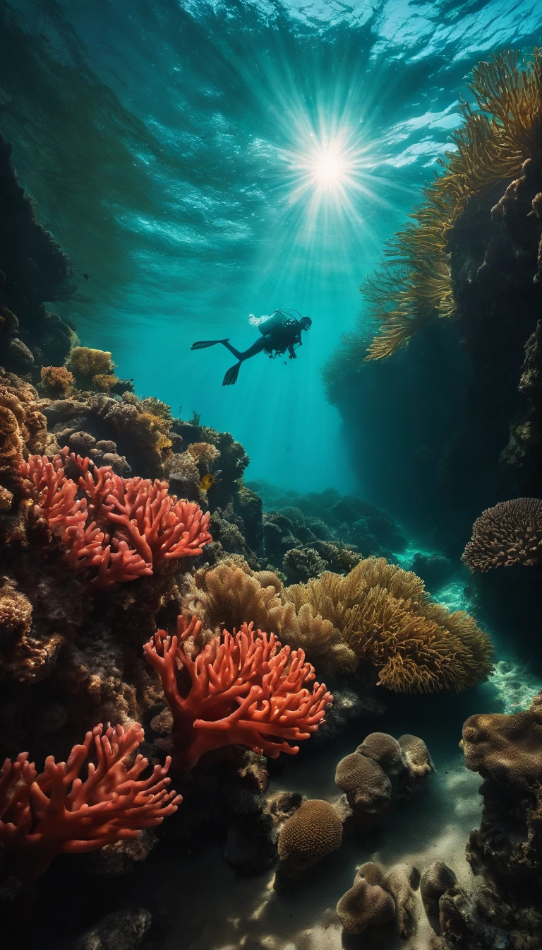 Crie uma imagem do fundo do oceano com um coral atras, and with a small diver swimming towards the sunlight crossing the waters.