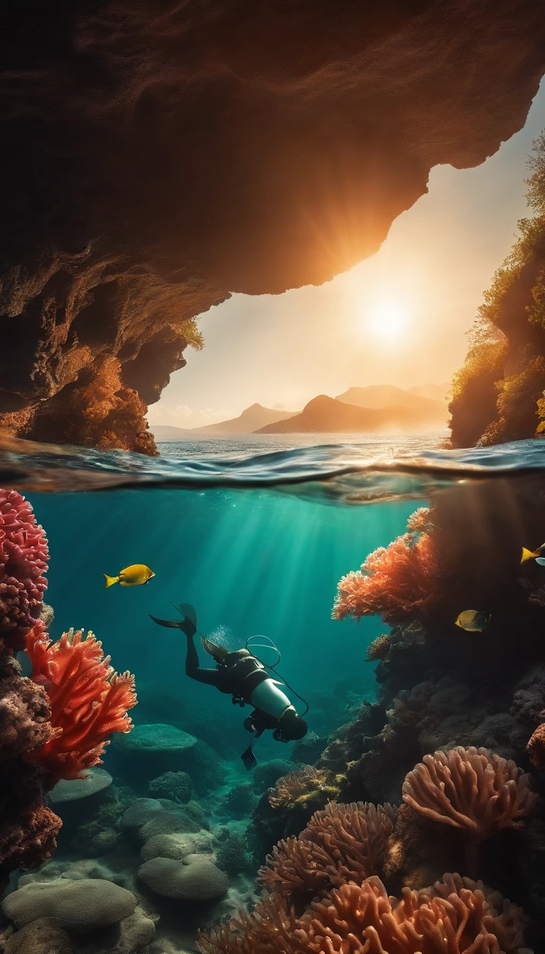Crie uma imagem do fundo do oceano com um coral atras, and with a small diver swimming towards the sunlight crossing the waters.