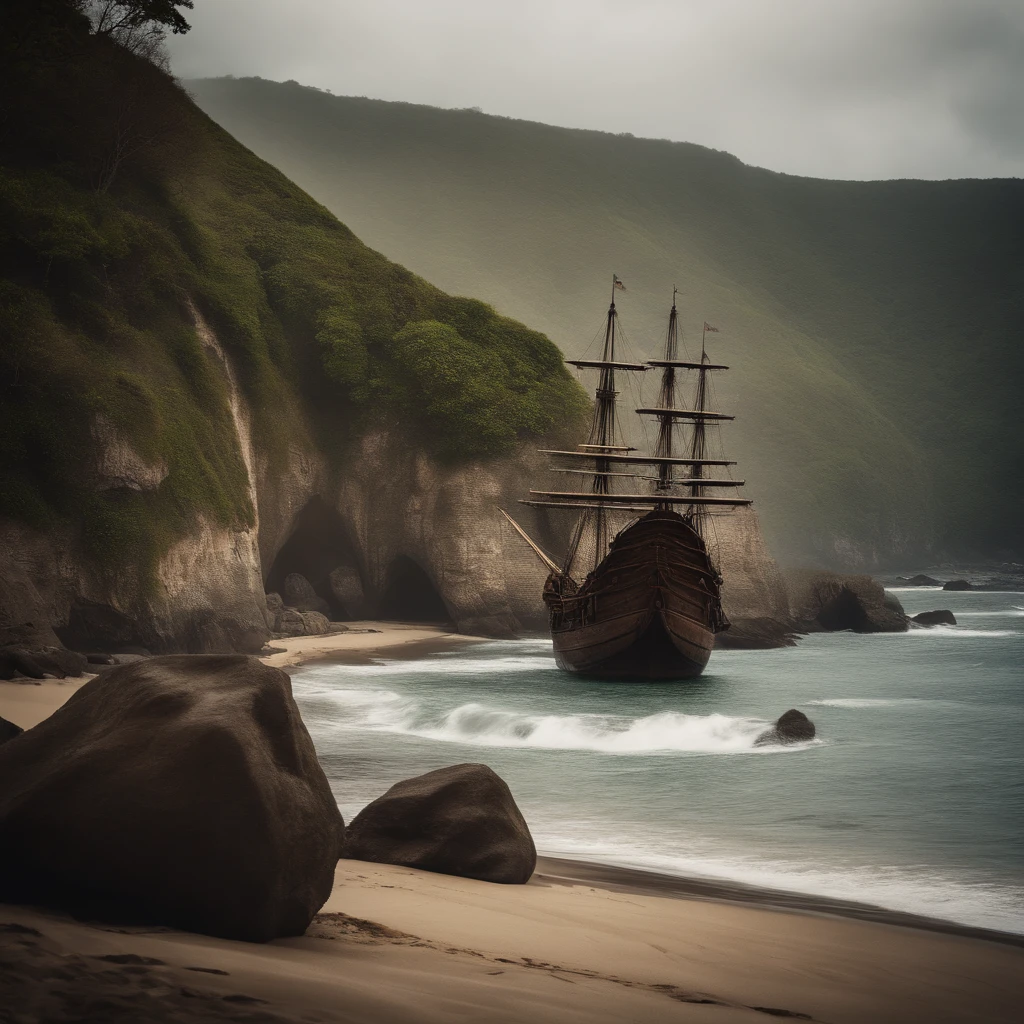 Paradisiacal beach with a river, a steep rock with a waterfall and a 16th century English galleon