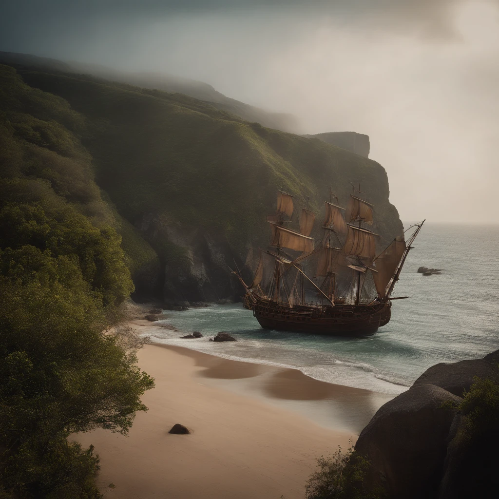 Paradisiacal beach with a river, a steep rock with a waterfall and a 16th century English galleon