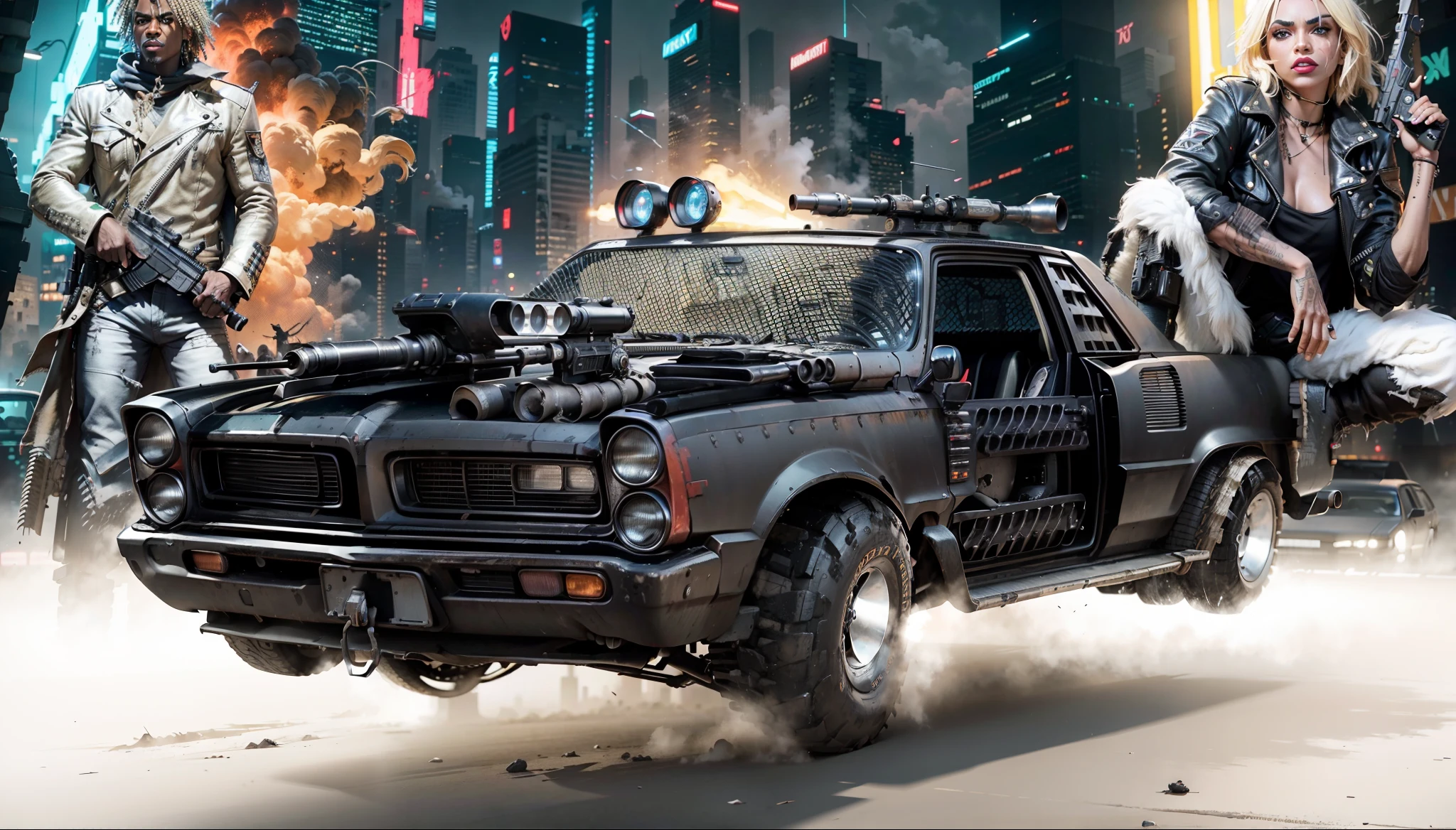 Um Hover Pontiac Preto e armado no estilo Mad Max, in the back is a Mad Max-style male warrior armed with a pistol, on the other side a beautiful blonde warrior and with red lipstick like a Mad Max character and holding a gun and in the background several buildings of a humid city at night with neon cyberpunk lights on fire in several places