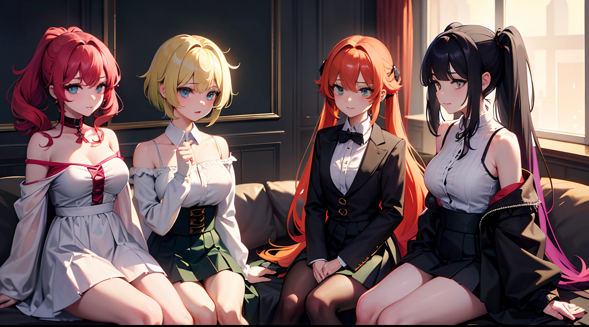 masterpiece, lots of detail, 4k, 8k, highres, soft lighting, 3girls, miniskirt, upskirt, lounge, {green eyes|red eyes|blue eyes|gold eyes}, {very long hair|short hair|curly hair}, {red hair|black hair|blonde hair|multicolored hair|green hair|purple hair}, {twintails|ponytail|loose hair|bob cut|hime cut|tomboy}