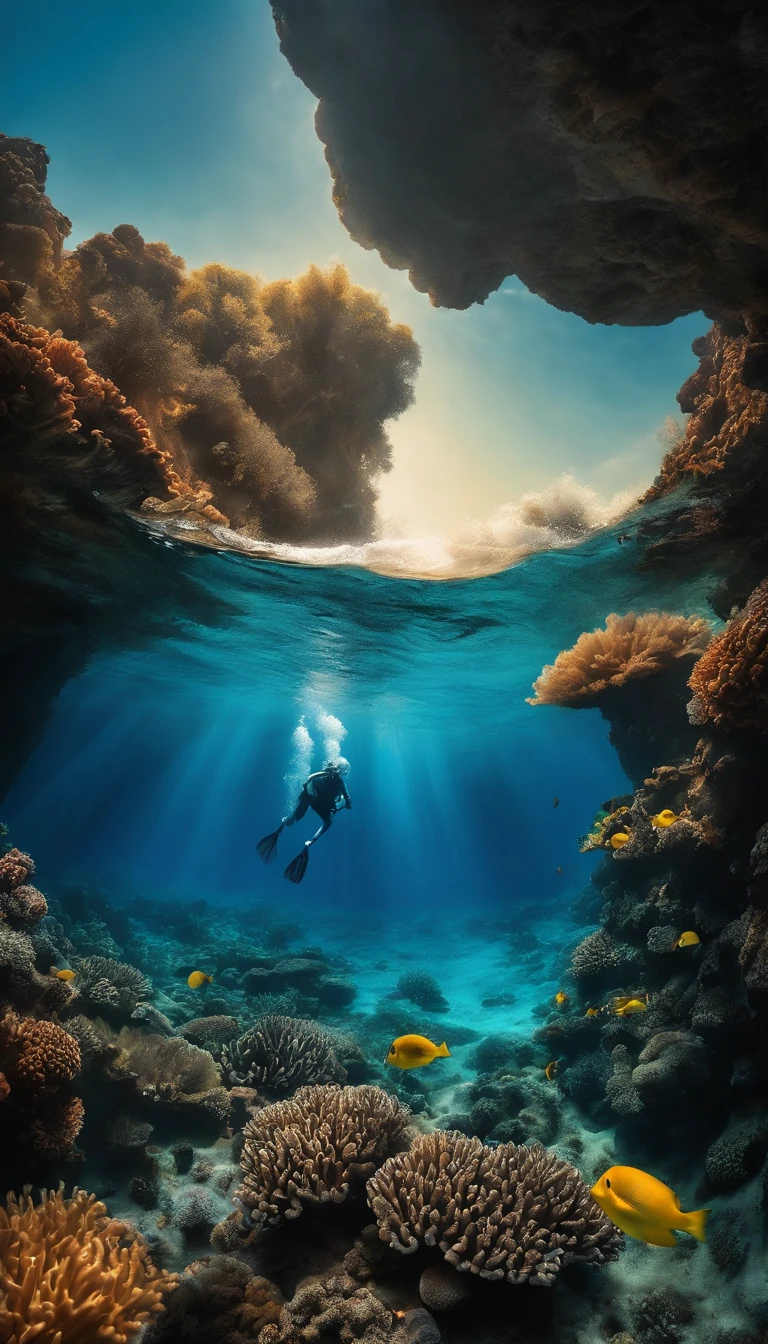 Crie uma imagem do fundo do oceano com um coral atras, and with a small diver swimming towards the sunlight crossing the waters. A imagem deve ser totalmente azul, and should have 2 lions on the sides of the image with an opacity around 25%