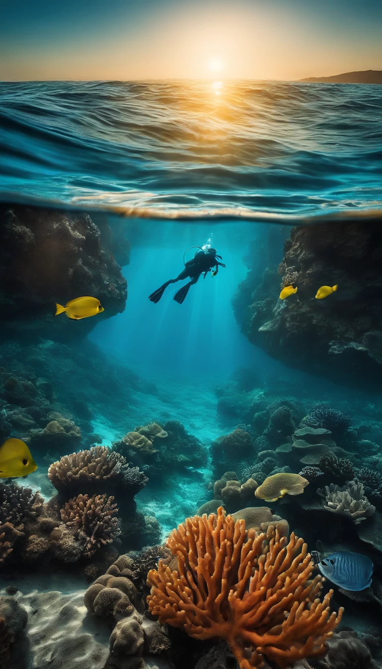 Crie uma imagem do fundo do oceano com um coral atras, and with a small diver swimming towards the sunlight crossing the waters. A imagem deve ser totalmente azul, and should have 2 lions on the sides of the image with an opacity around 25%