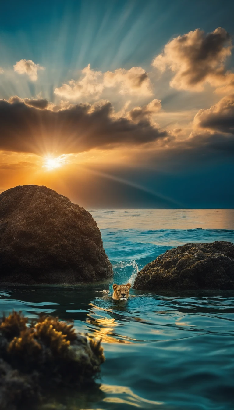 Crie uma imagem do fundo do oceano com um coral atras, and with a small diver swimming towards the sunlight crossing the waters. A imagem deve ser totalmente azul, and should have 2 lions on the sides of the image with an opacity around 25%