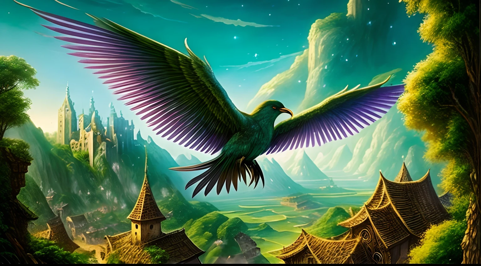 Giant mystical bird flying over a village, arte de fantasia, emulation of the work of Alan Lee and John Howe, ambiente de uma aldeia de conto de fadas, Enchanted color palette with shades of green and lilac, Magical lighting with twinkling stars, alta resolução, magic perspective, Exceptional image quality with a focus on mystical atmosphere.