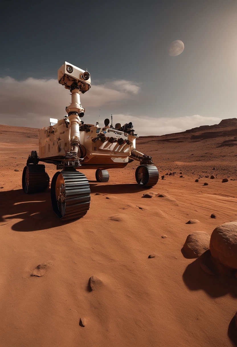Realistic 4k movie of the planet Mars，Un rover blanc au loin with a atronaute