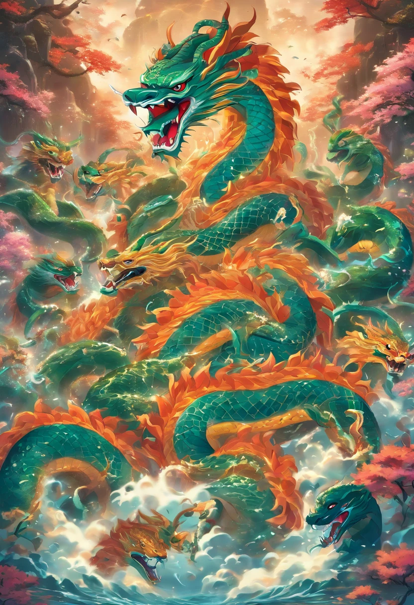 (((nāga))) best quality, ultra-high resolution, 4K detailed CG, masterpiece, ,serpent,multiple heads, hydra,coming out of the river,river, stream, Hindu mythology, ((coming out of the river) ) Hindu, aesthetic, beautiful image, centered on the screen