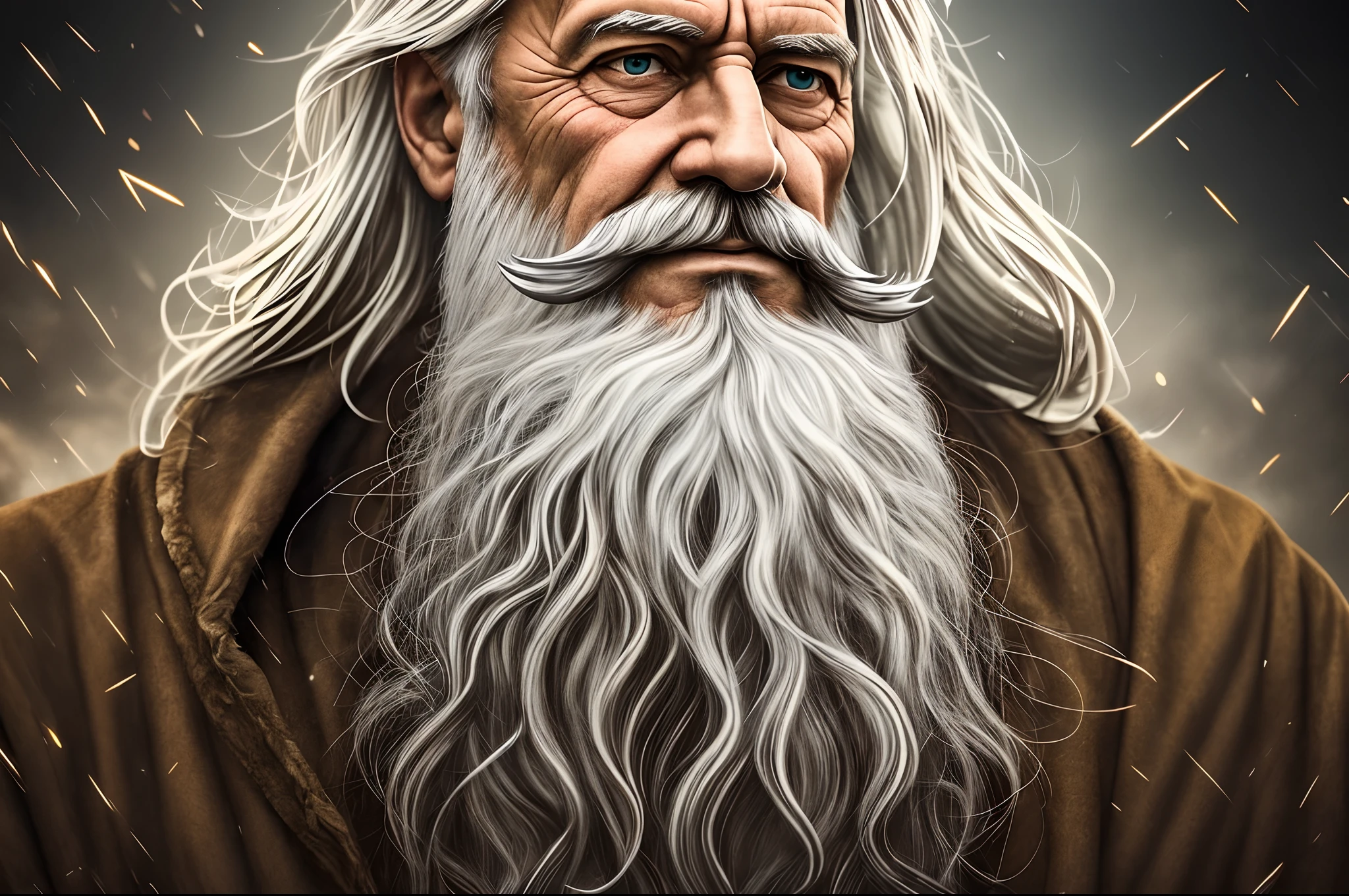 realitic, a man with long white beard, dressed in priestly clothing, dark lighting, digital representation, by Alexander Kucharsky, winner of the pixabay contest, epic biblical representation, portrait of an old man, god of thunder, cinematic photo realistic --auto --s2